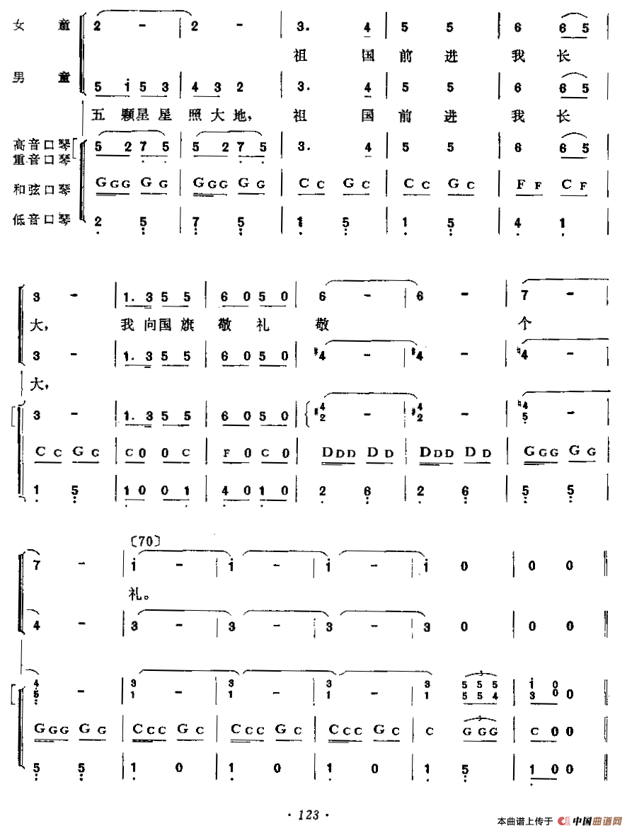 国旗国旗多美丽（童声合唱+口琴乐队伴奏）口琴谱