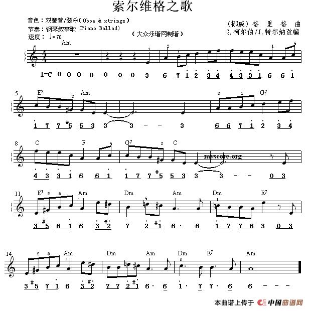 索尔维格之歌电子琴谱线简谱混排版