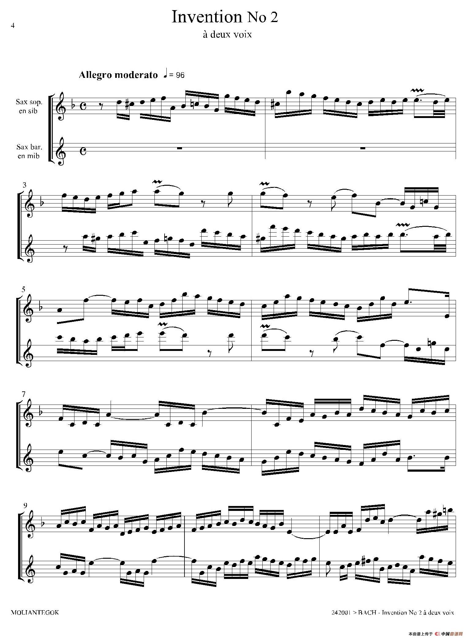 Inventions 巴赫15首创意曲（二重奏—2）萨克斯谱