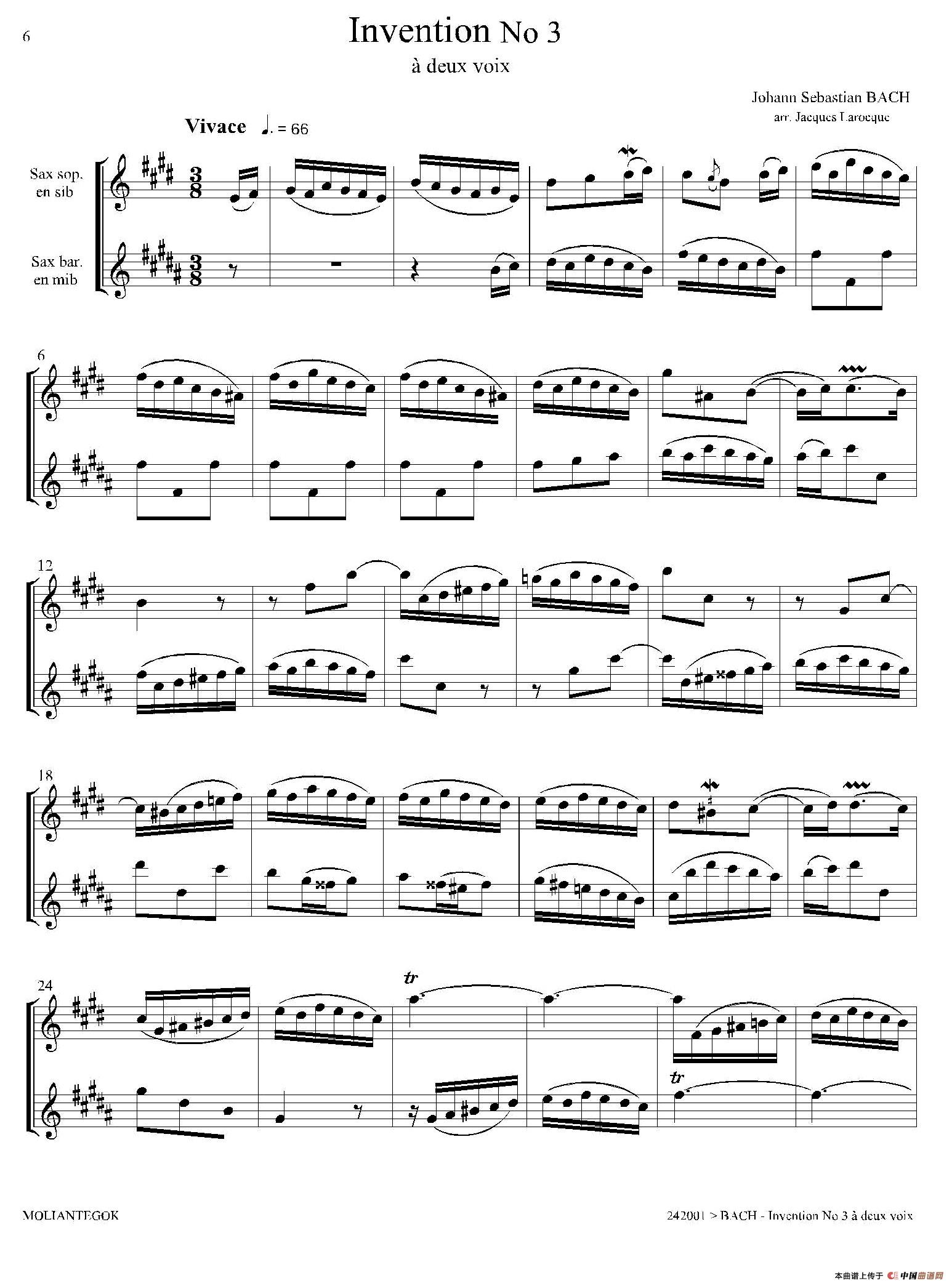 Inventions 巴赫15首创意曲（二重奏—3）萨克斯谱