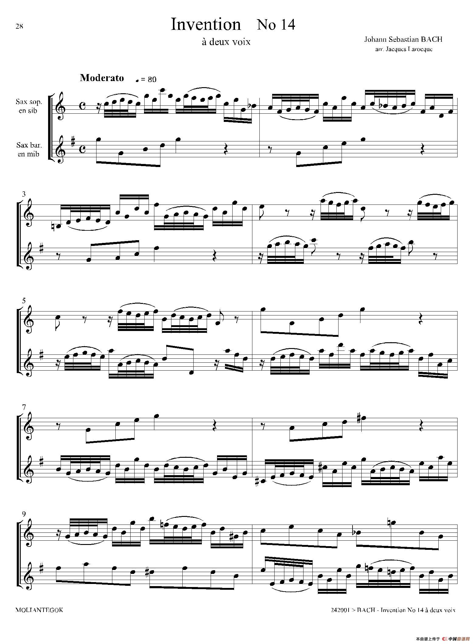 Inventions 巴赫15首创意曲二重奏—14萨克斯谱