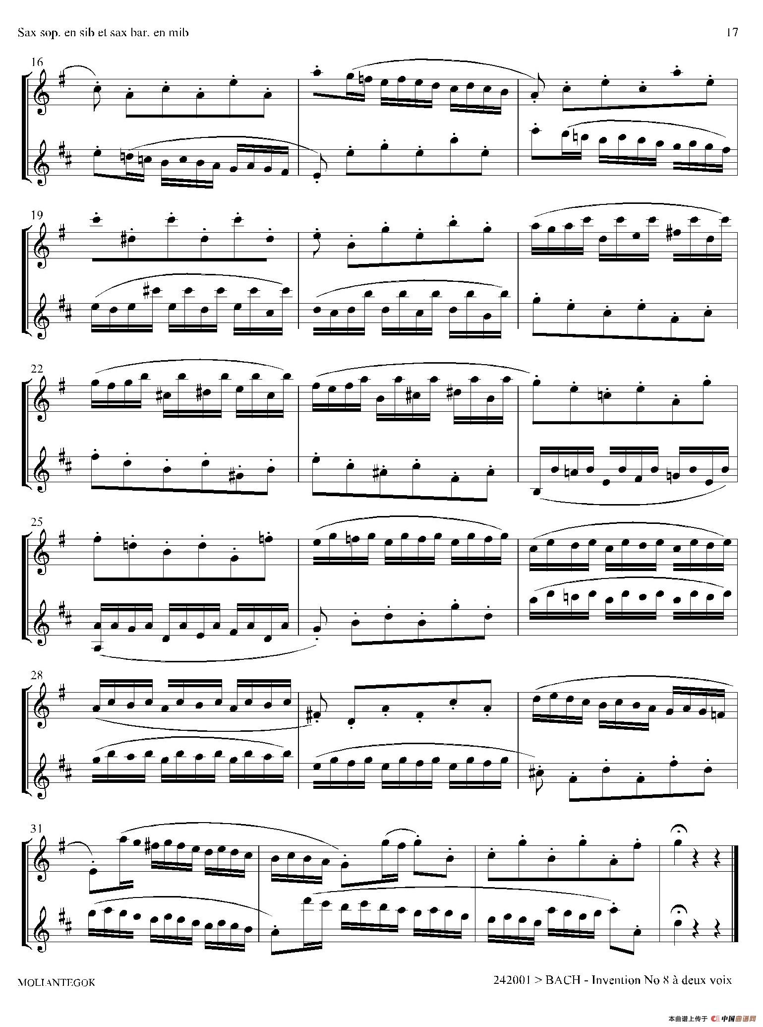 Inventions 巴赫15首创意曲（二重奏—8）萨克斯谱