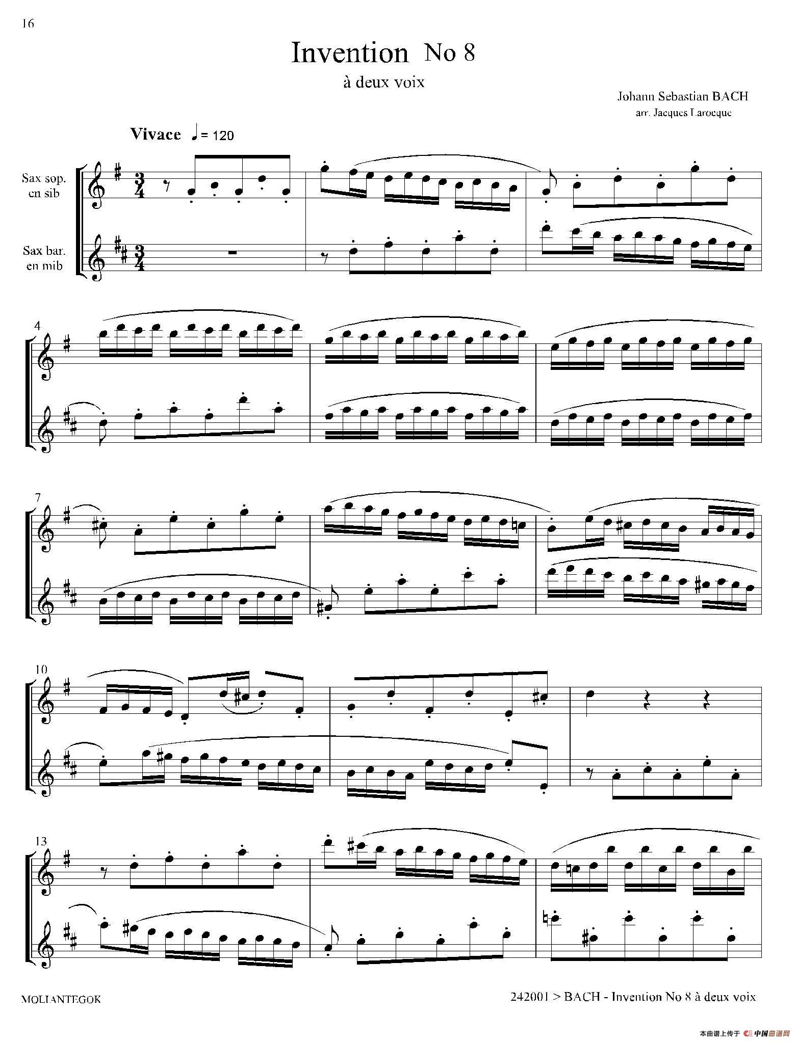 Inventions 巴赫15首创意曲（二重奏—8）萨克斯谱