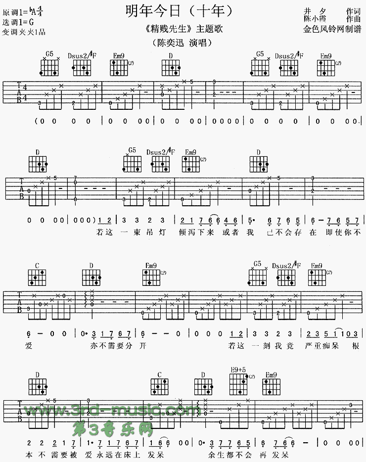 明年今日(《精贼先生》主题歌、粤语)吉他谱