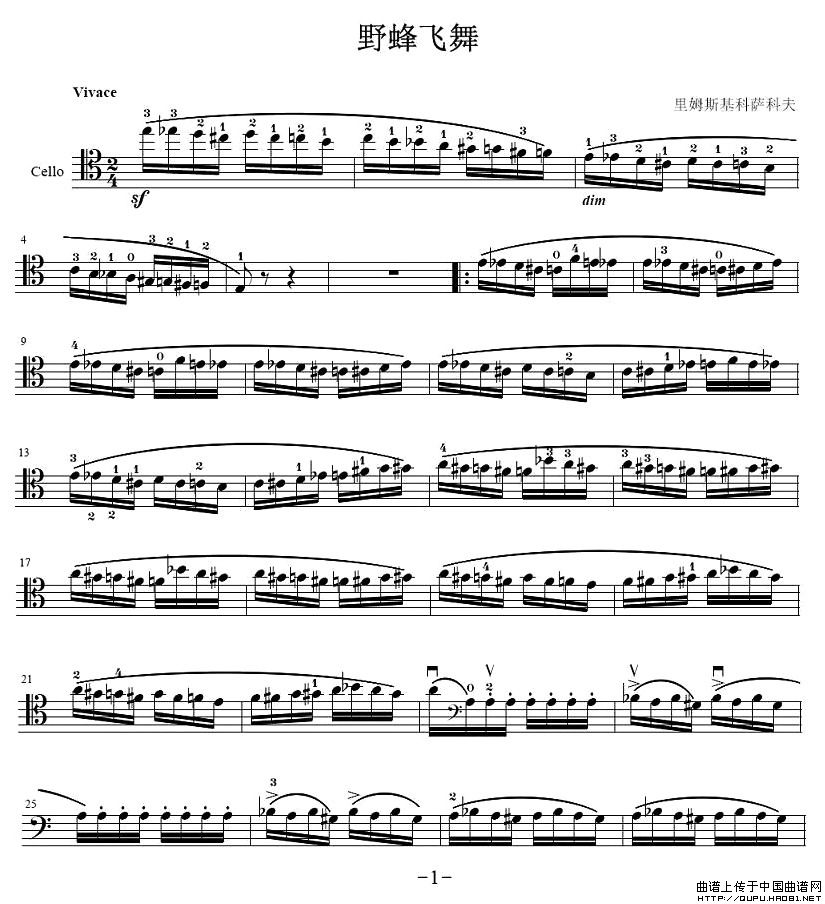 野蜂飞舞（大提琴独奏）小提琴谱