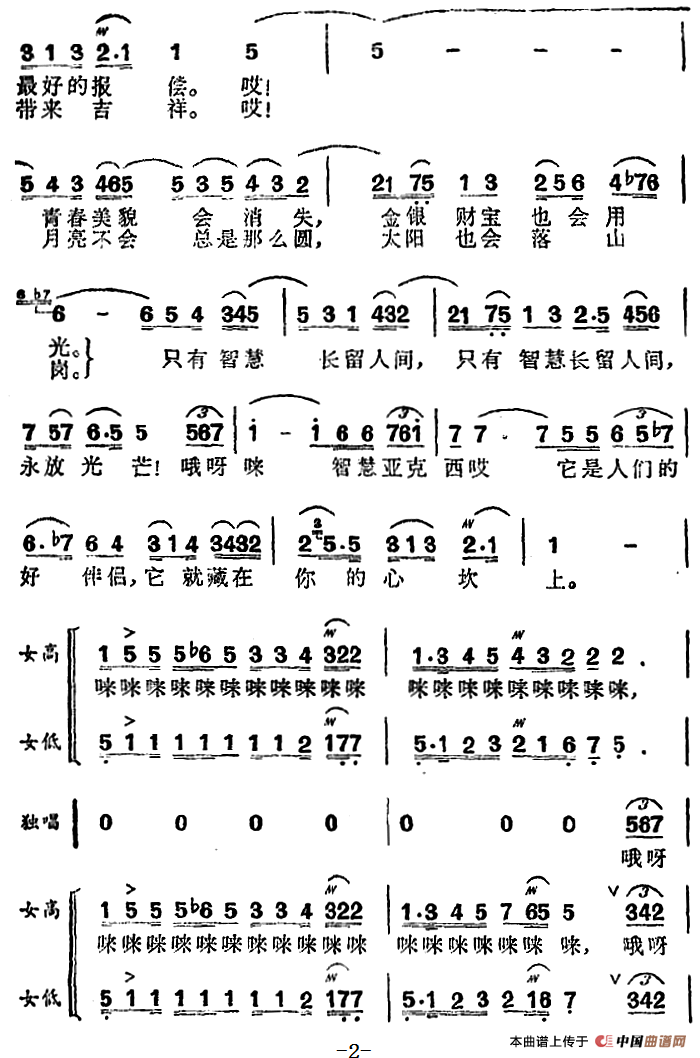 智慧啊，亚克西（歌剧《第一百个新娘》选曲）合唱谱