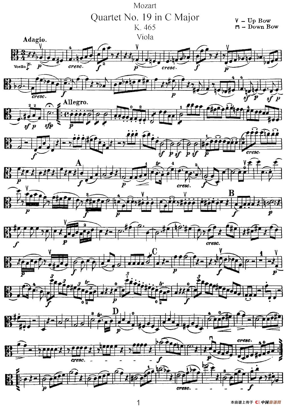 Mozart《Quartet No.19 in C Major,K.465》（Viola分谱）