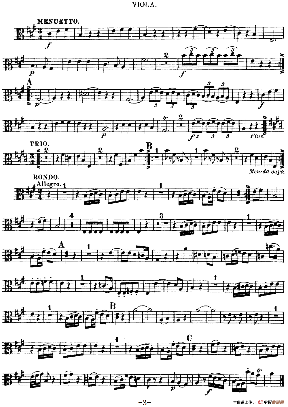 Mozart《Quartet No.9 in A Major,K.169》（Viola分谱）
