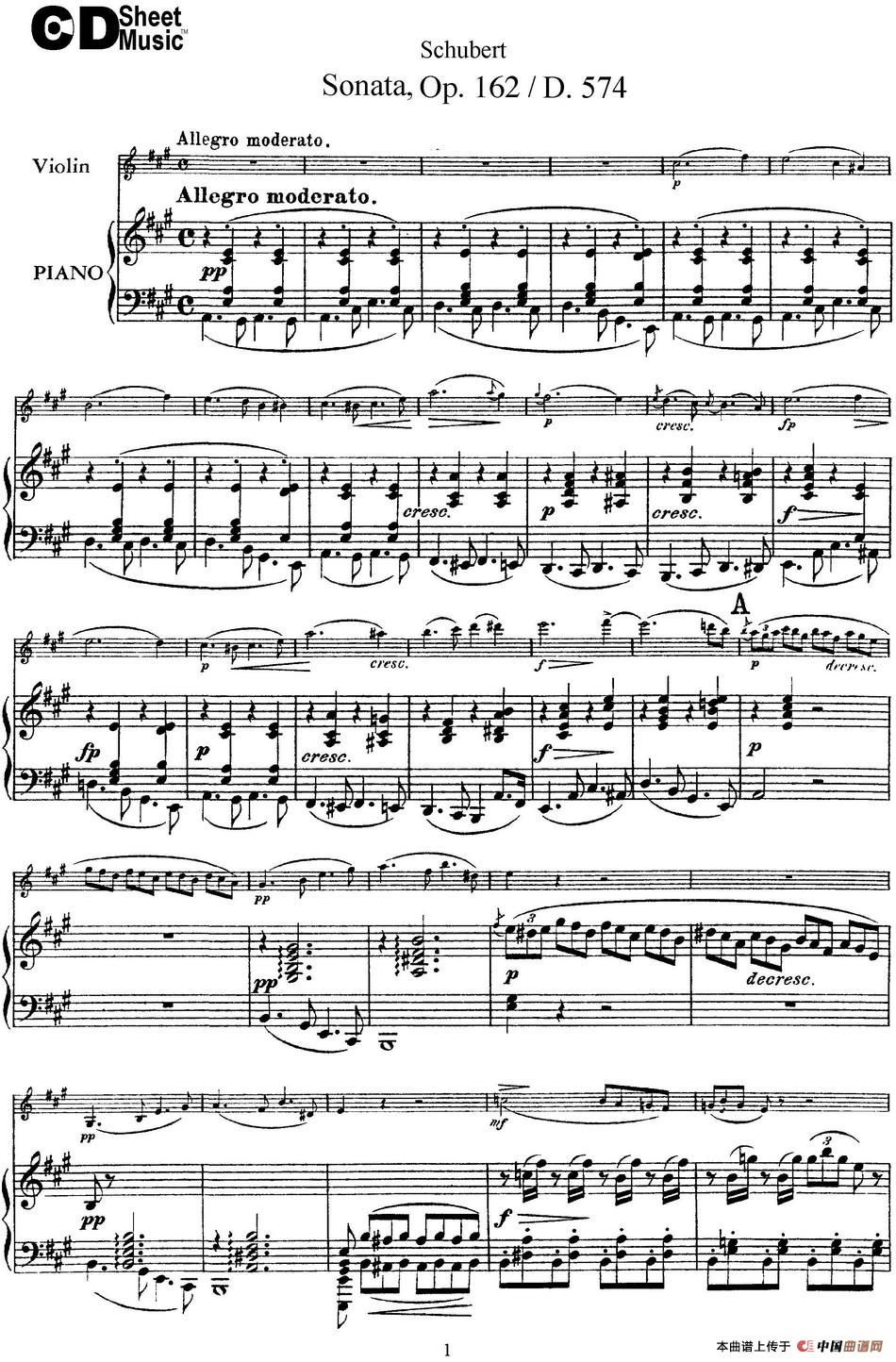 Violin Sonata in A major Op.162 D.574（小提琴+钢琴伴奏）