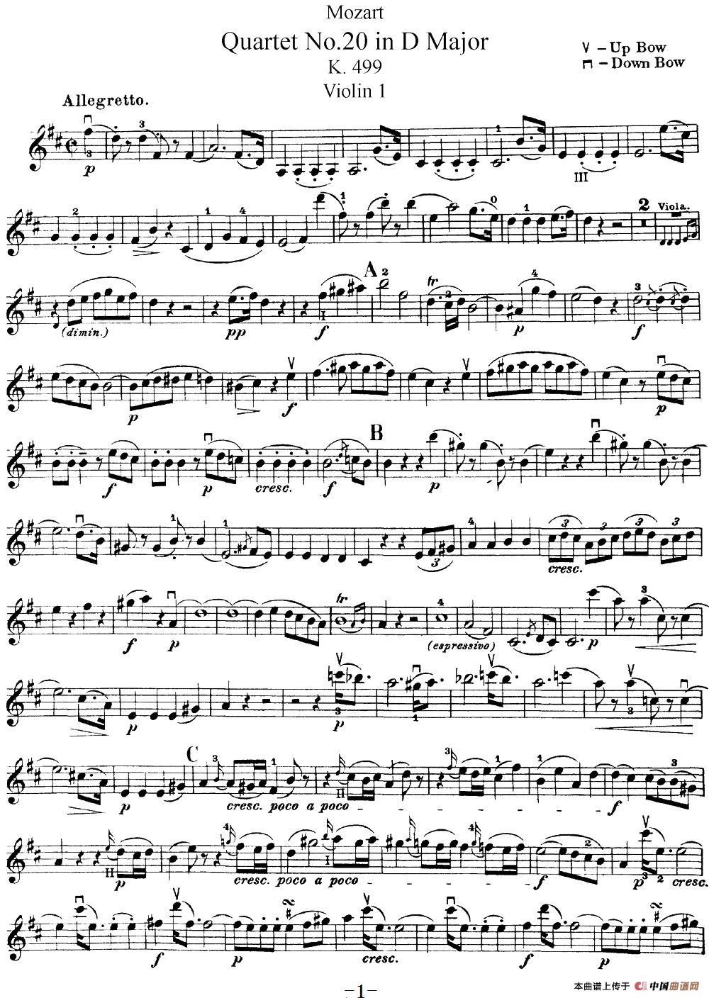 Mozart《Quartet No.20 in D Major,K.499》（Violin 1分谱）