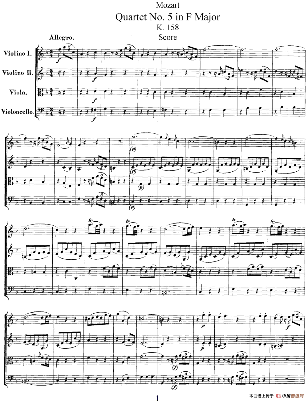 Mozart《Quartet No.5 in F Major,K.158》（总谱）