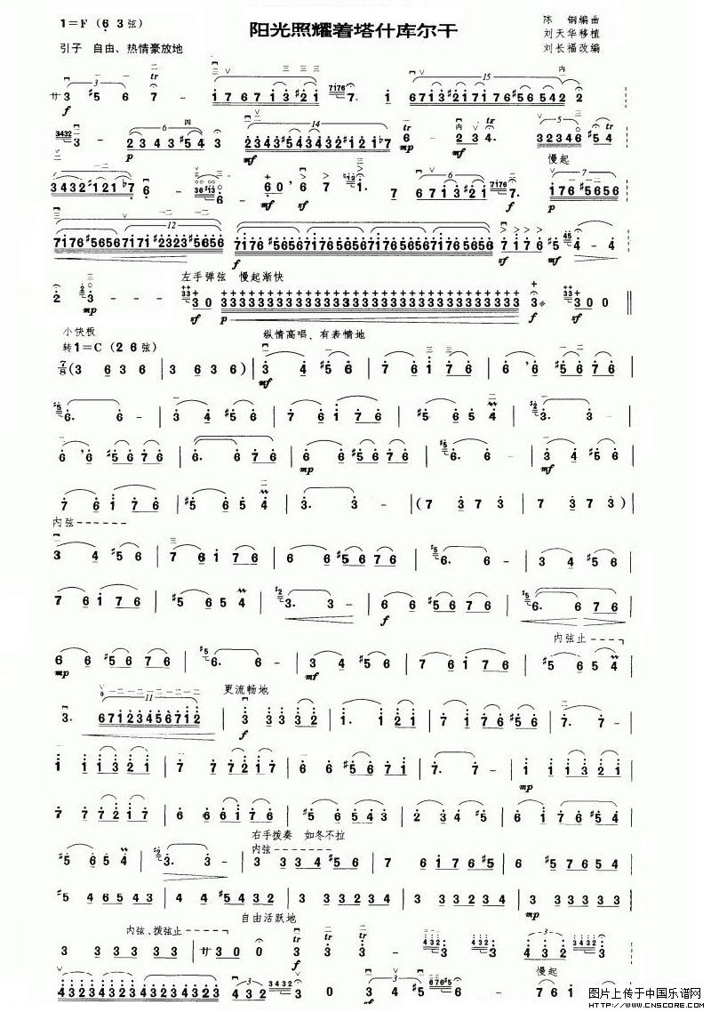 曲谱名：阳光照耀在塔什库尔干二胡谱