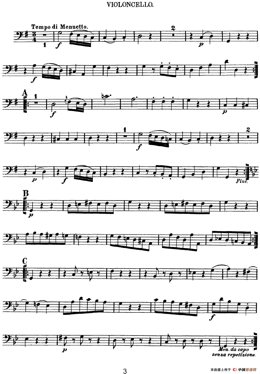 Mozart《Quartet No.3 in G Major,K.156》（Cello分谱）