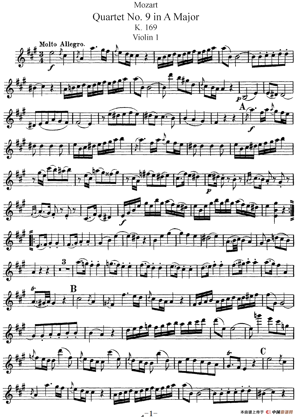 Mozart《Quartet No.9 in A Major,K.169》（Violin 1分谱）
