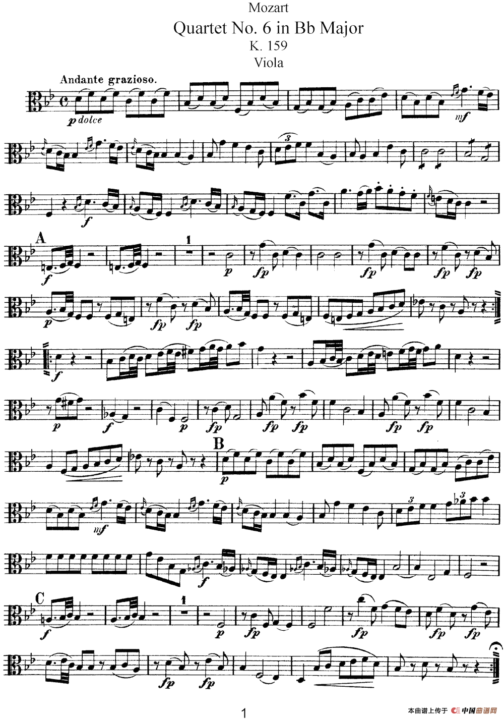 Mozart《Quartet No.6 in Bb Major,K.159》（Viola分谱）