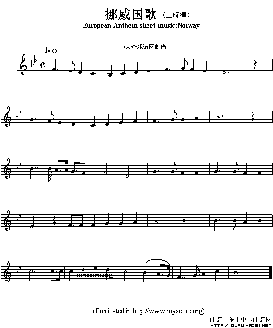 各国国歌主旋律：挪威（European Anthem sheet music-