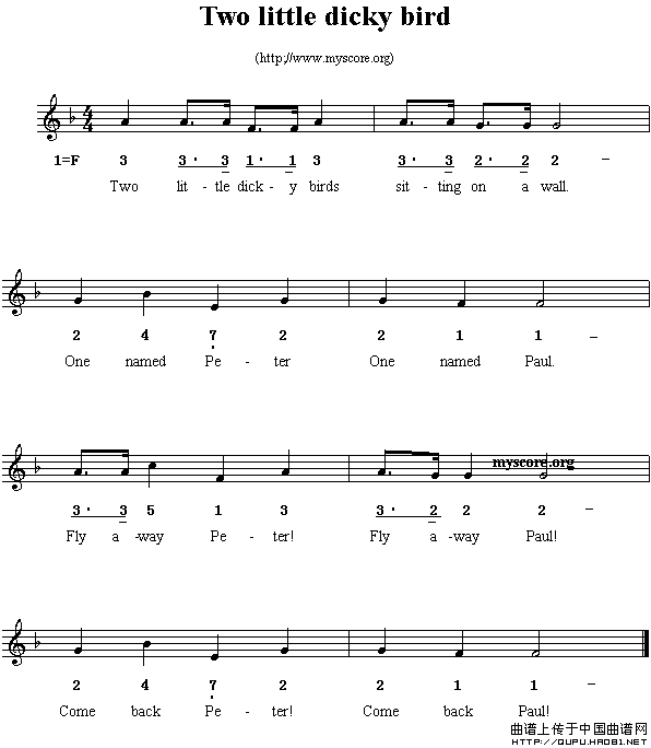 Two little dicky birds（线简谱混排版、英文儿歌）