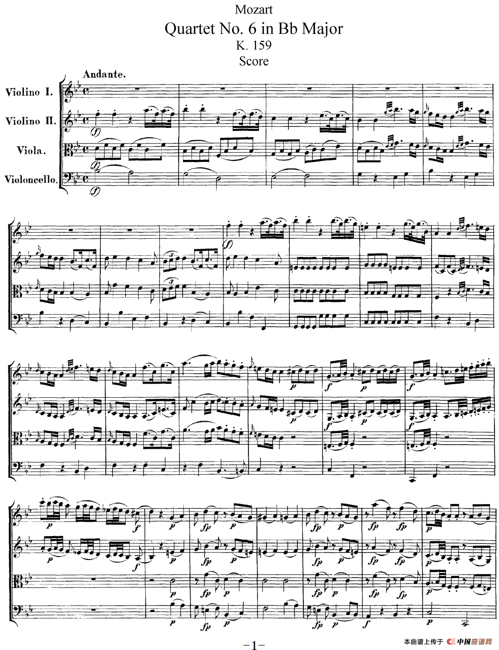 Mozart《Quartet No.6 in Bb Major,K.159》（总谱）