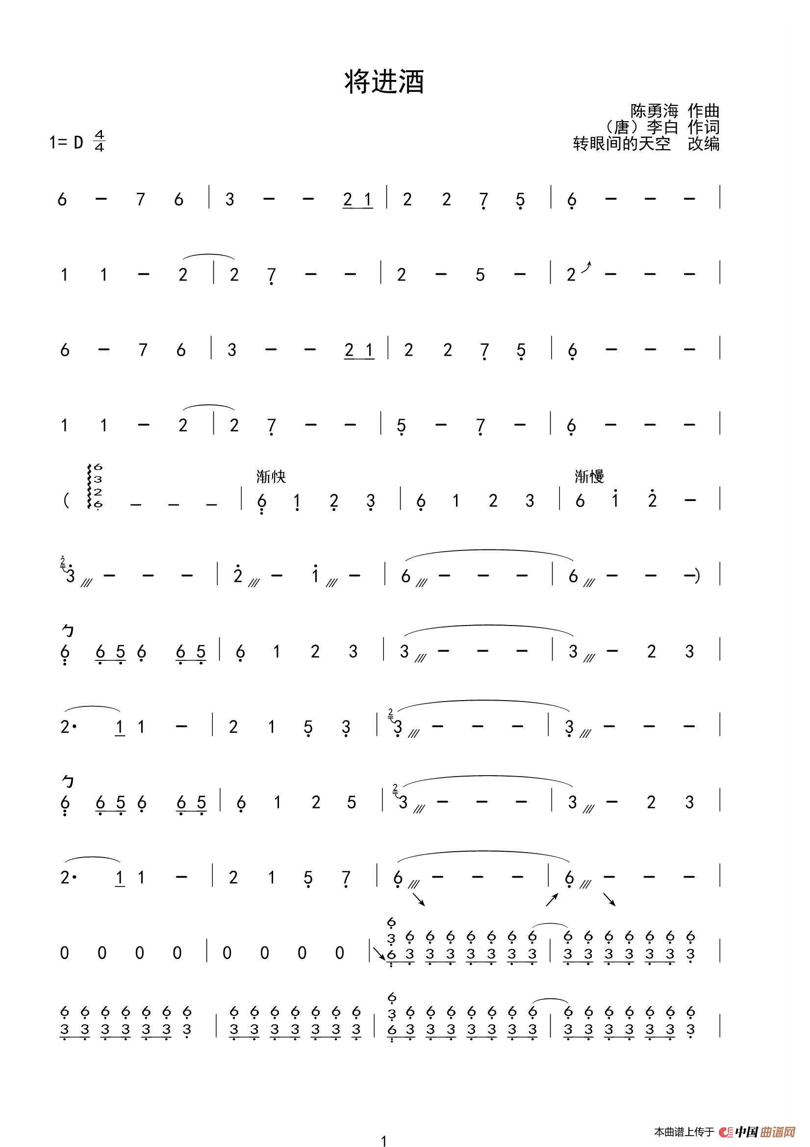 将进酒（陈勇海曲、转眼间的天空改编）