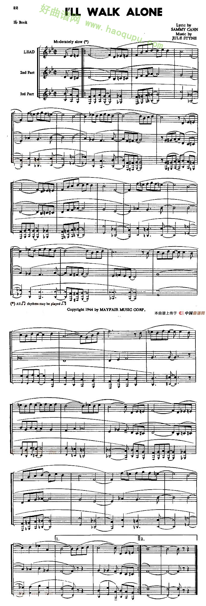 《I WILL WALK ALONE》萨克斯简谱