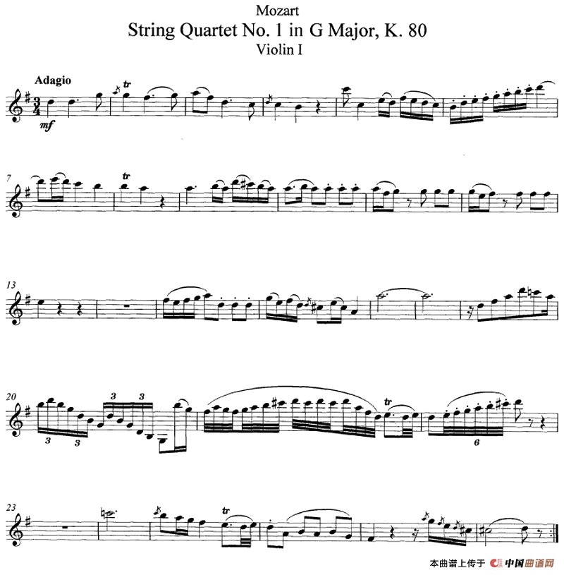 Mozart《String Quartet No.1 in G Major,K.80》（Violin Ⅰ分