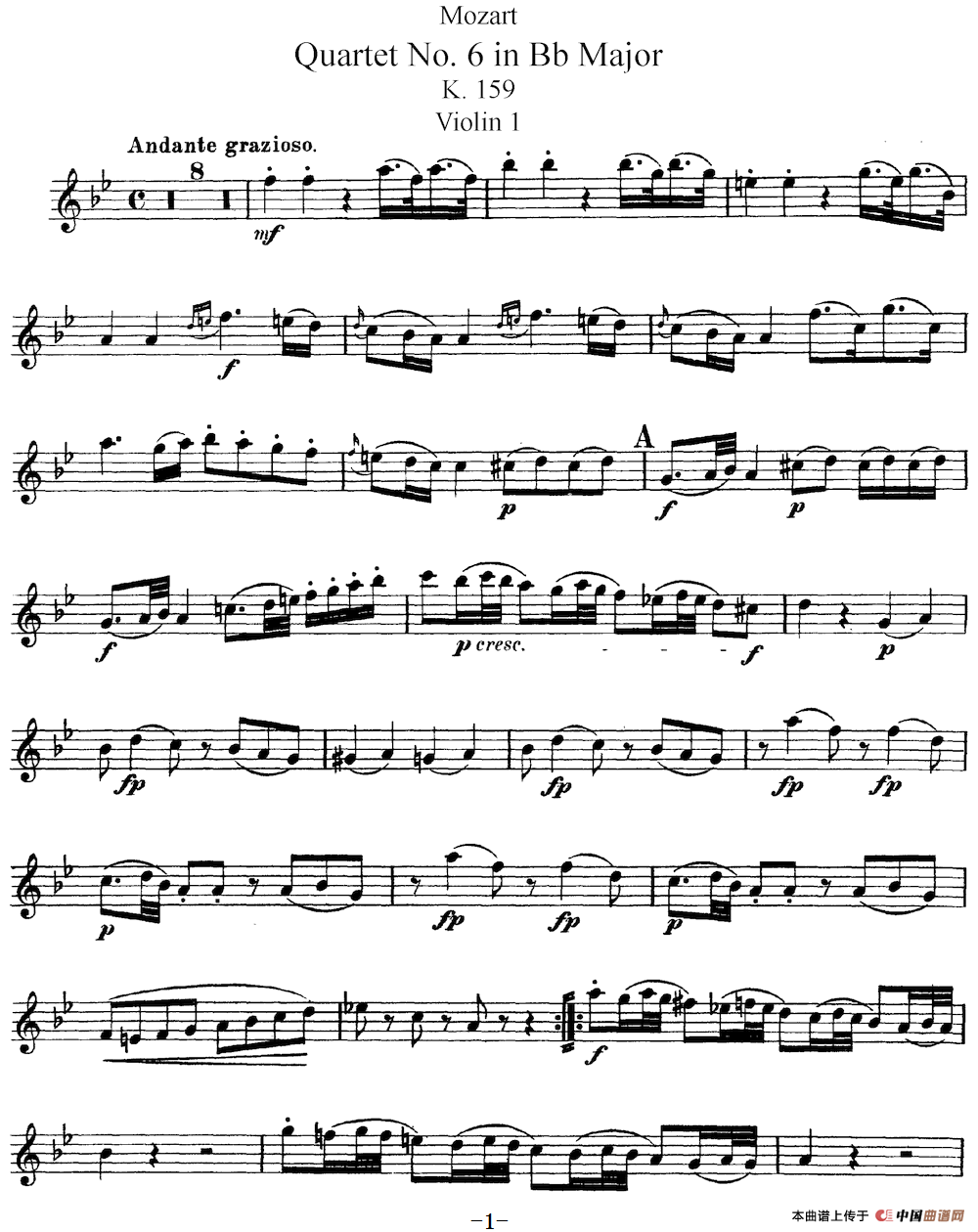 Mozart《Quartet No.6 in Bb Major,K.159》（Violin 1分谱）