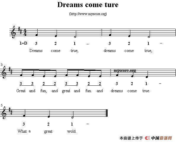 Dreams come ture（英文儿歌、五线谱）