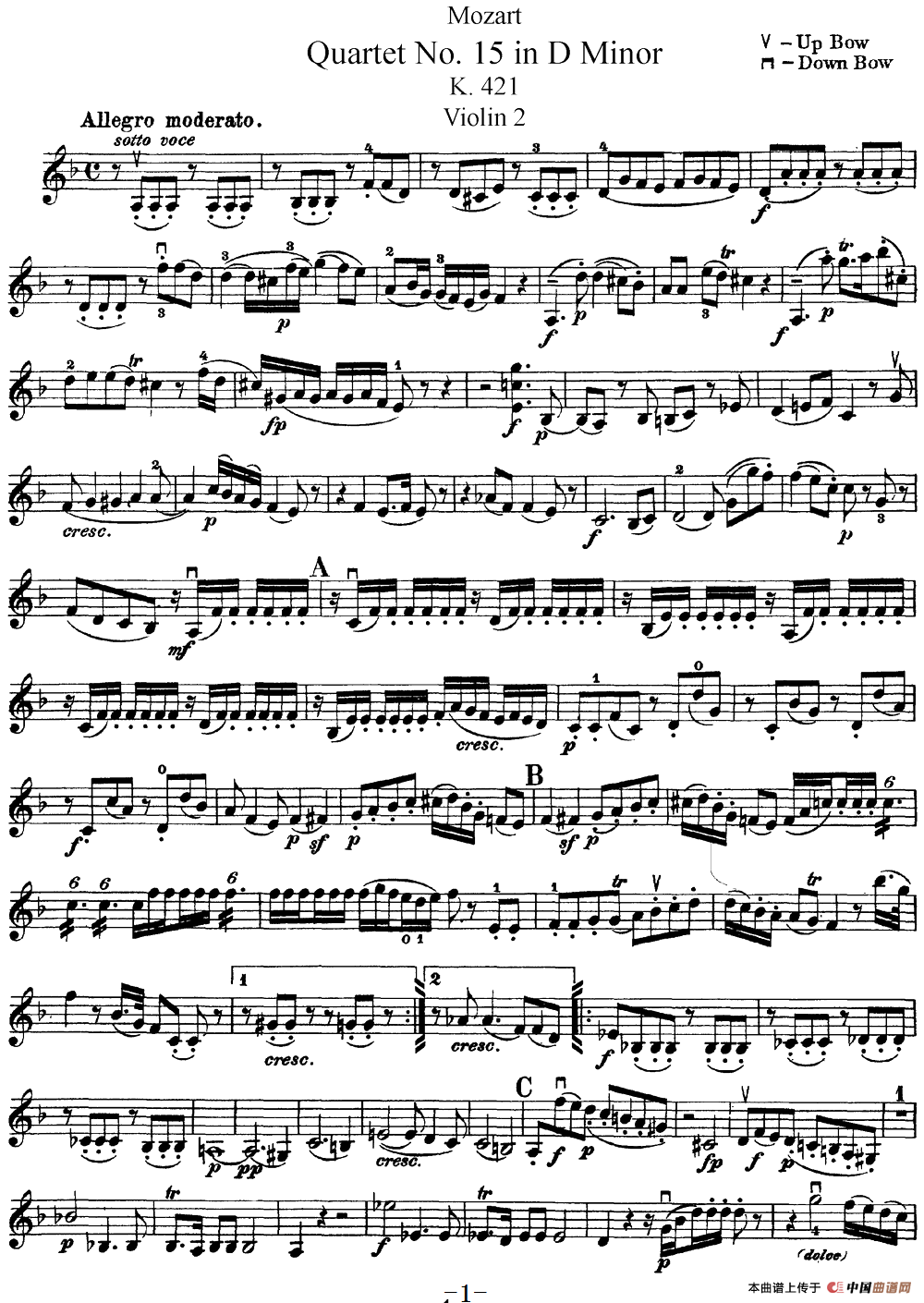 Mozart《Quartet No.15 in D Minor,K.421》（Violin 2分谱）
