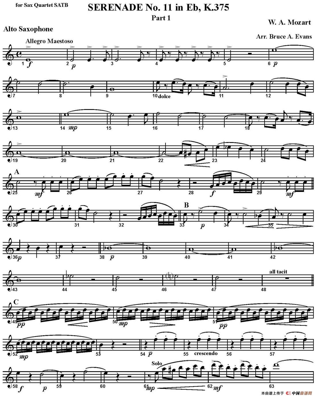 SERENADE No.11 in Eb，K.375 Part 1（四重奏·中音萨克斯