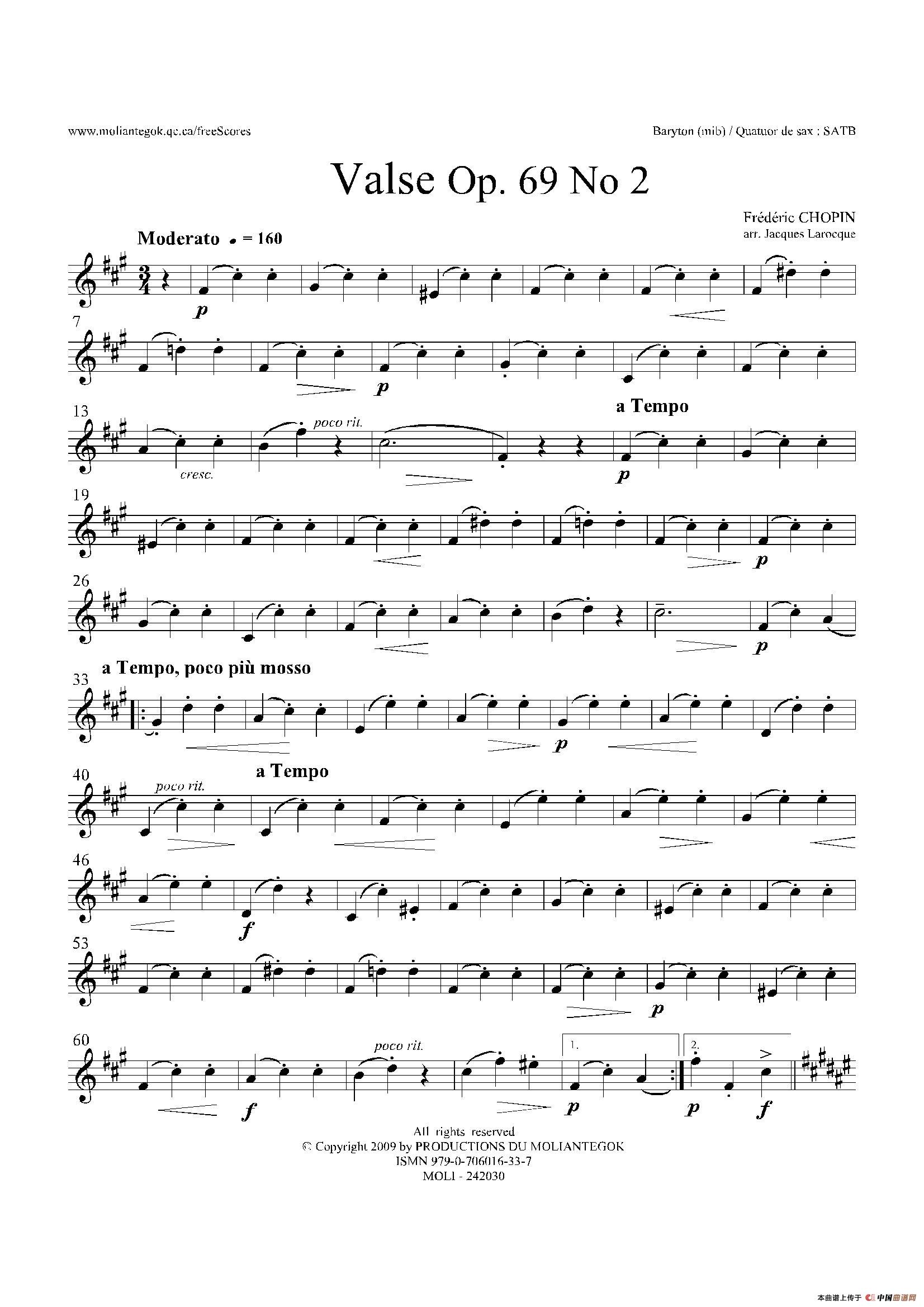 b小调圆舞曲 Op.69 No.2（四重奏上低音萨克斯分谱