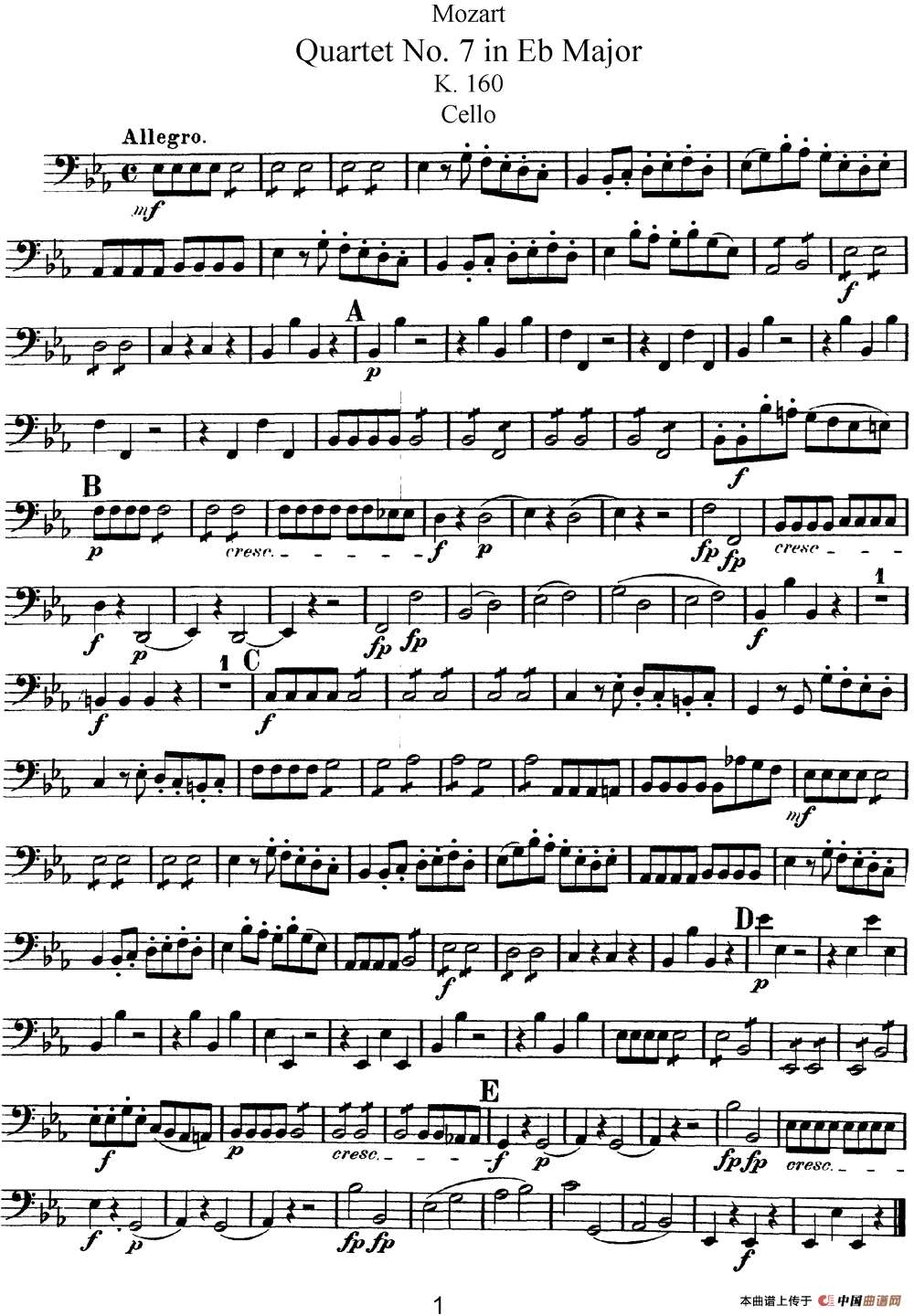 Mozart《Quartet No.7 in Eb Major,K.160》（Cello分谱）