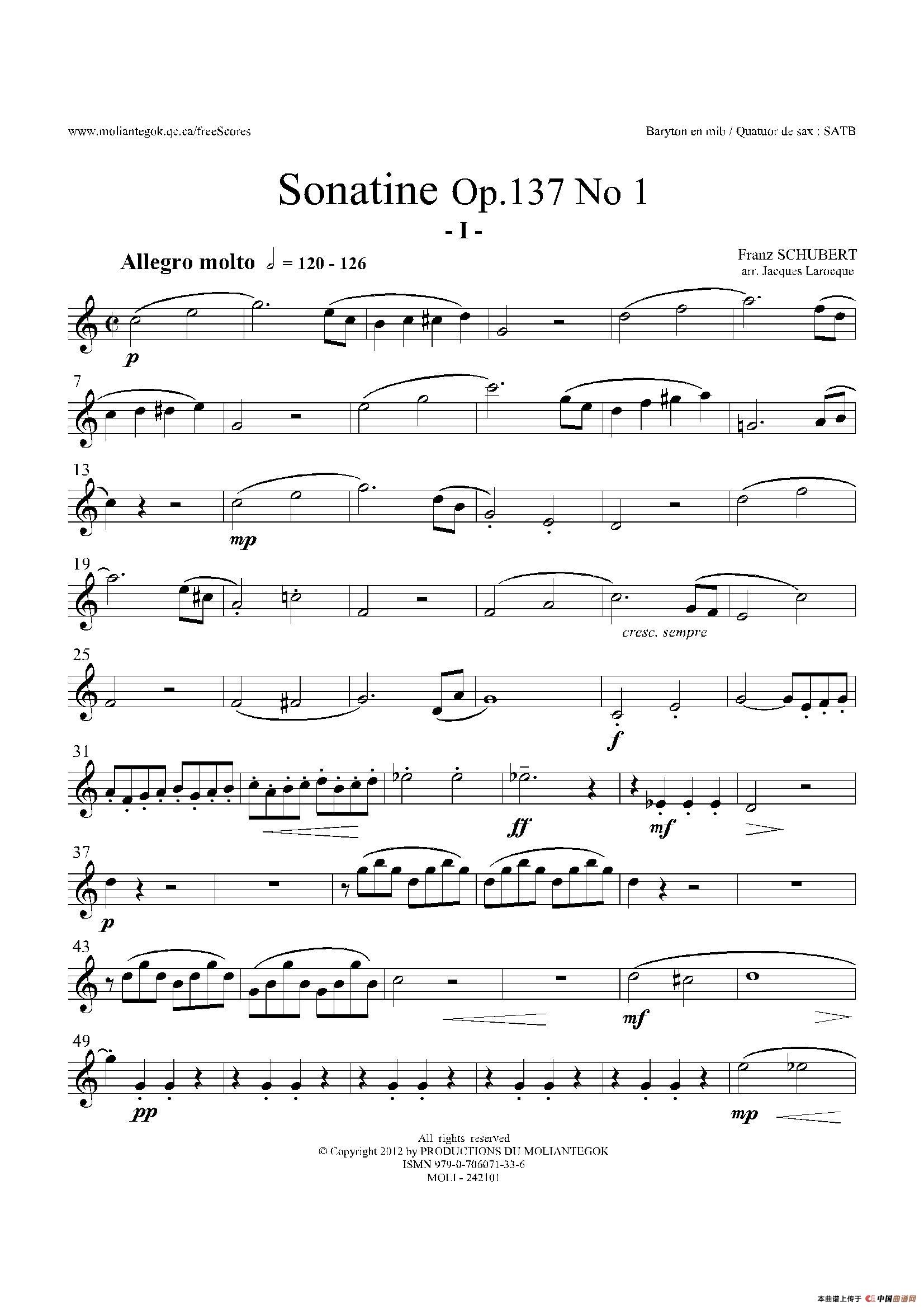 Sonatine Op.137 No 1（四重奏上低音萨克斯分谱）