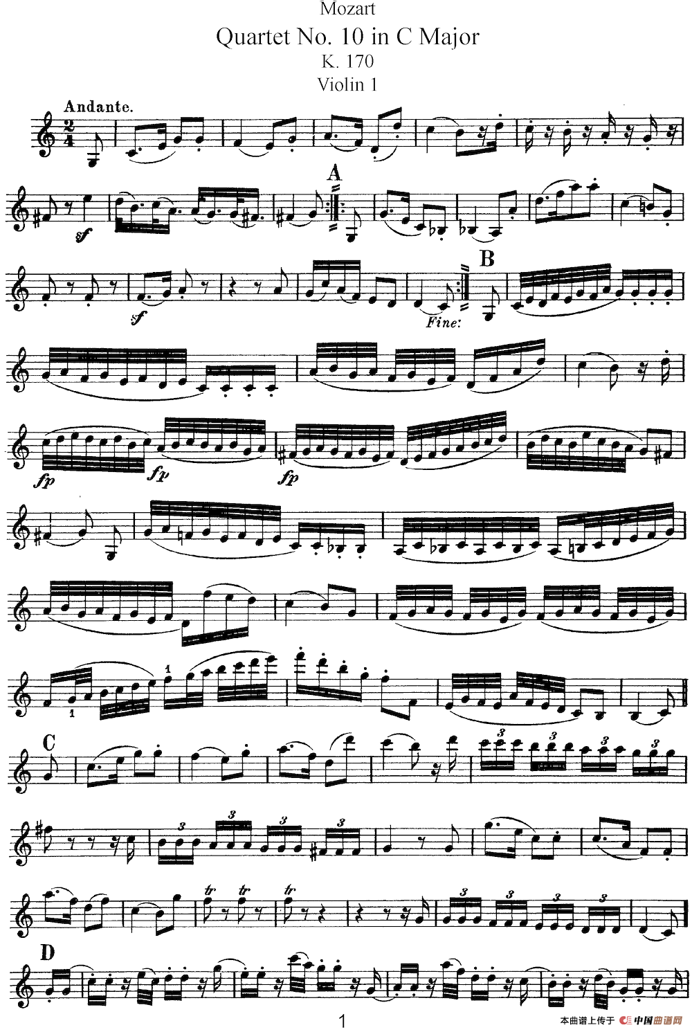 Mozart《Quartet No.10 in C Major,K.170》（Violin 1分谱）