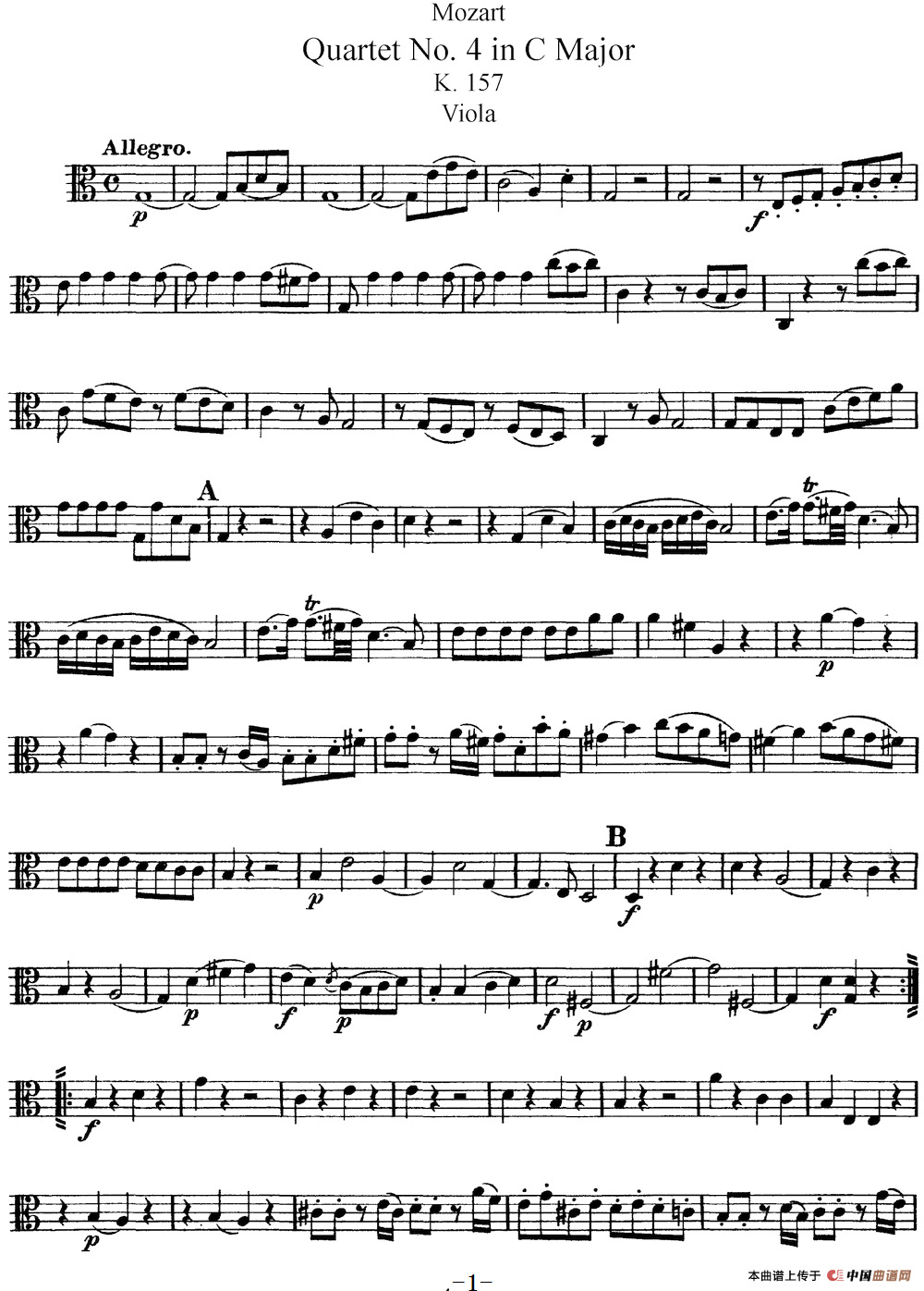 Mozart《Quartet No.4 in C Major,K.157》（Viola分谱）
