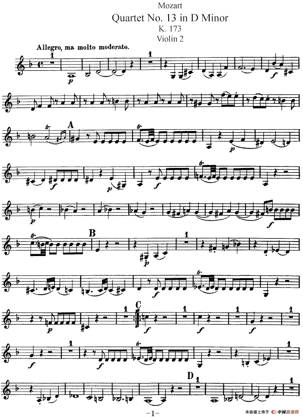 Mozart《Quartet No.13 in D Minor,K.173》（Violin 2分谱）