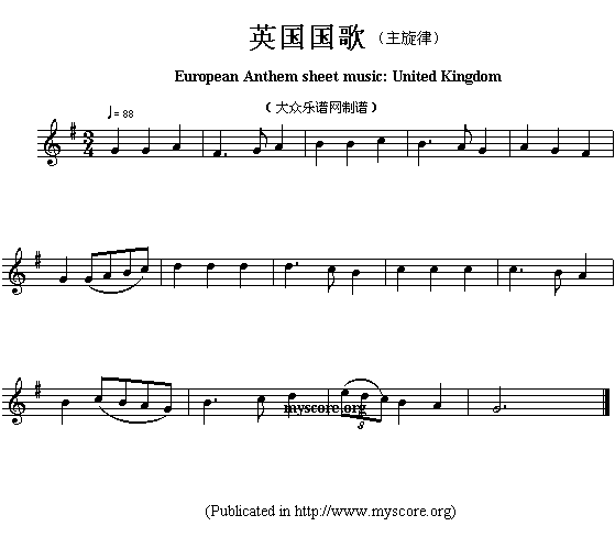 各国国歌主旋律：英国（European Anthem sheet music-