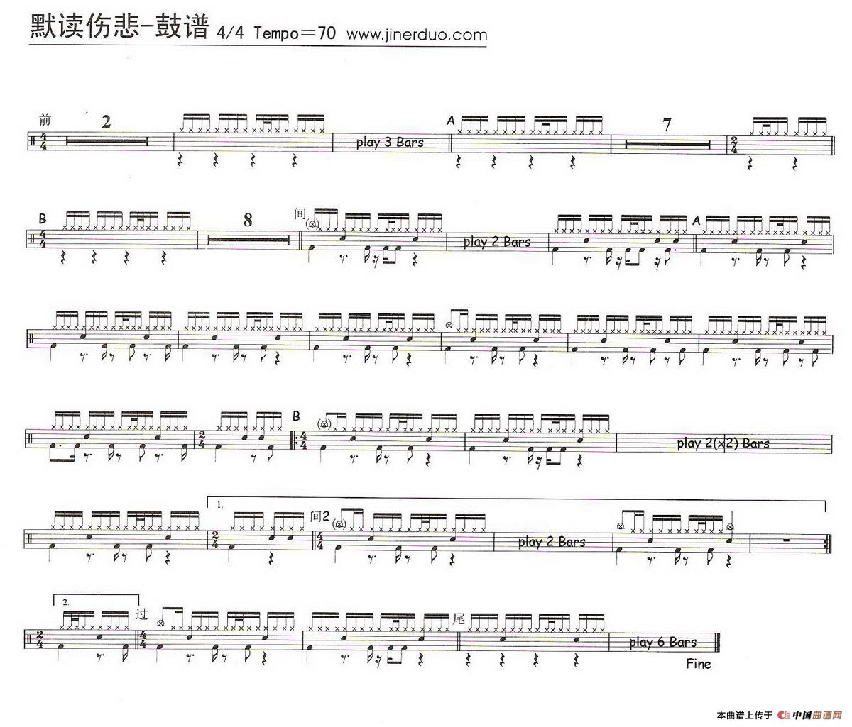 默读伤悲（架子鼓谱）