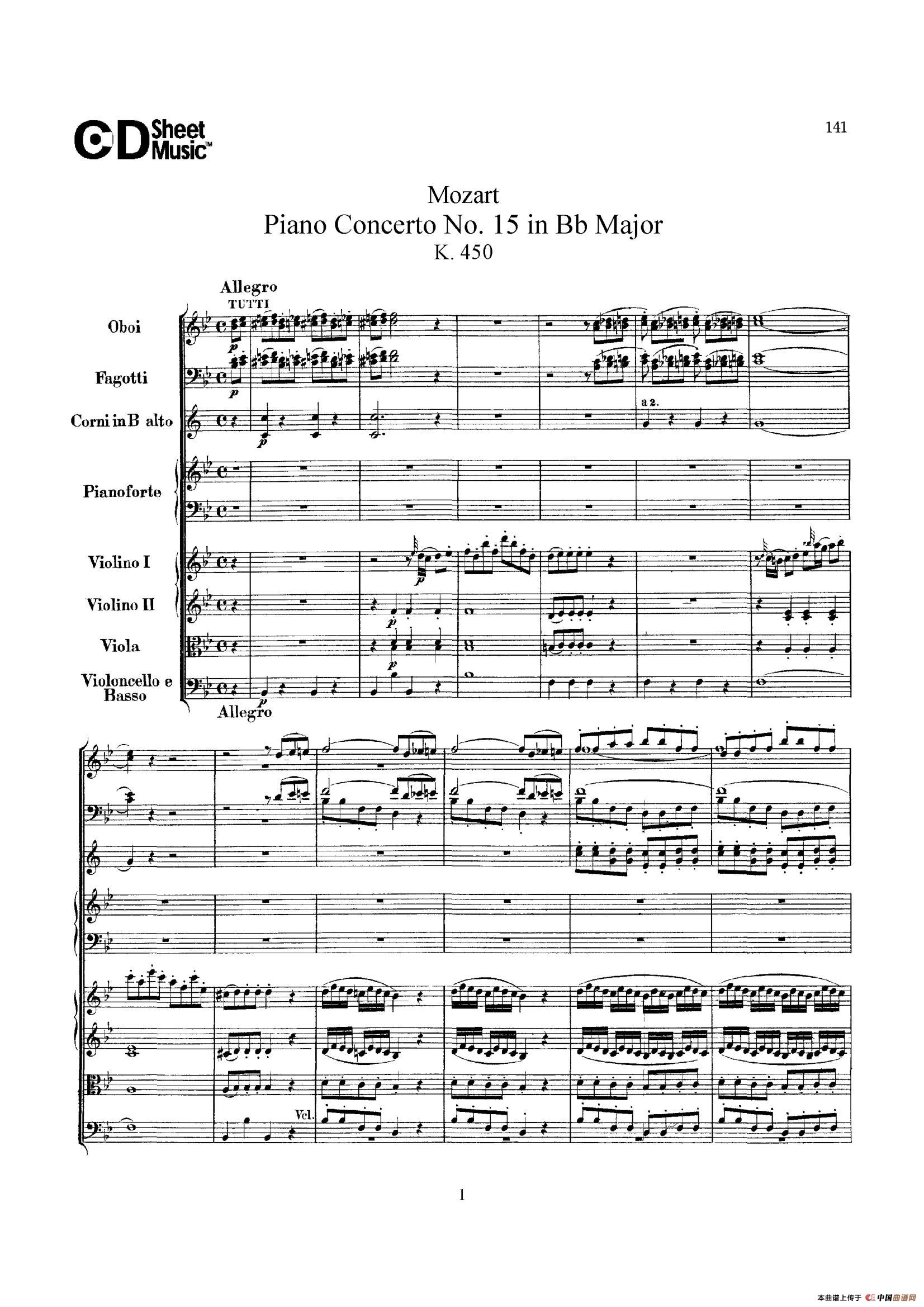 Piano Concerto No.15 in Bb Major K.450 - Full Score （降B大调