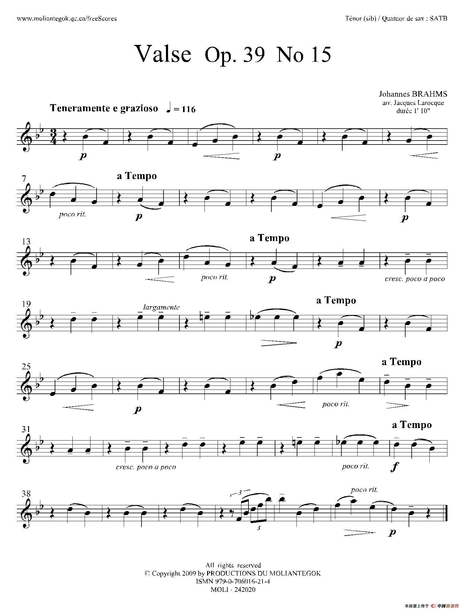 圆舞曲 Op39 No15（四重奏次中音萨克斯分谱）