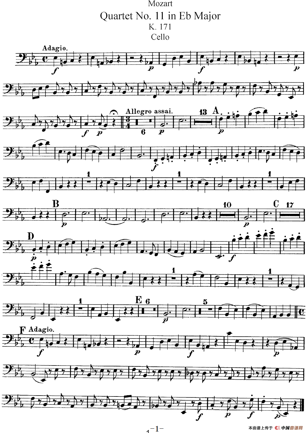 Mozart《Quartet No.11 in Eb Major,K.171》（Cello分谱）