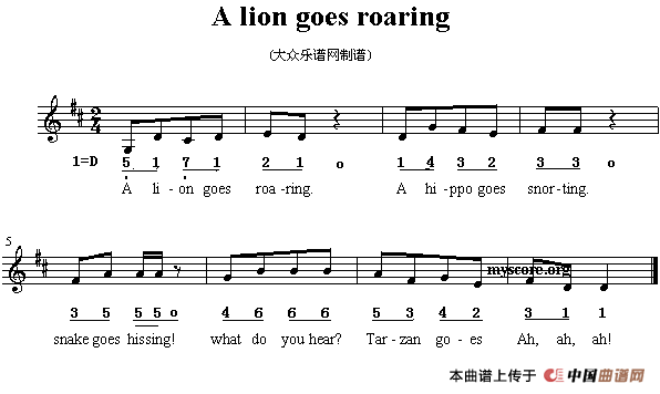 A lion goes roaring（英文儿歌、五线谱）