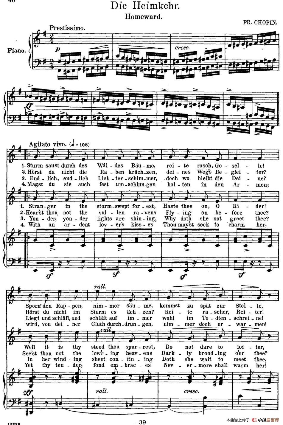 Chopin-17 Polish Songs Op.74，No.15（Die Heinmkehr. Homewar