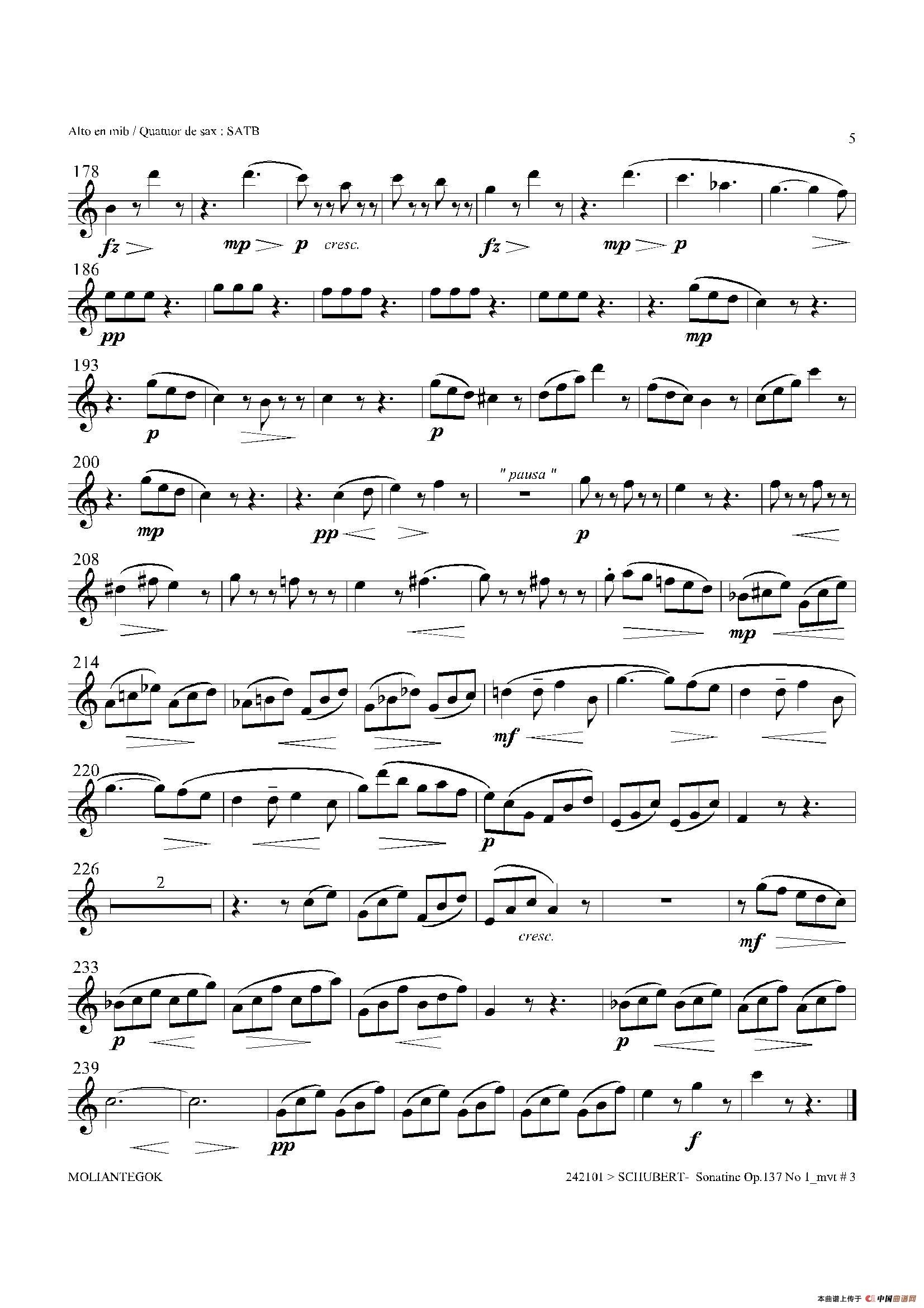 Sonatine Op.137 No 1（四重奏中音萨克斯分谱）