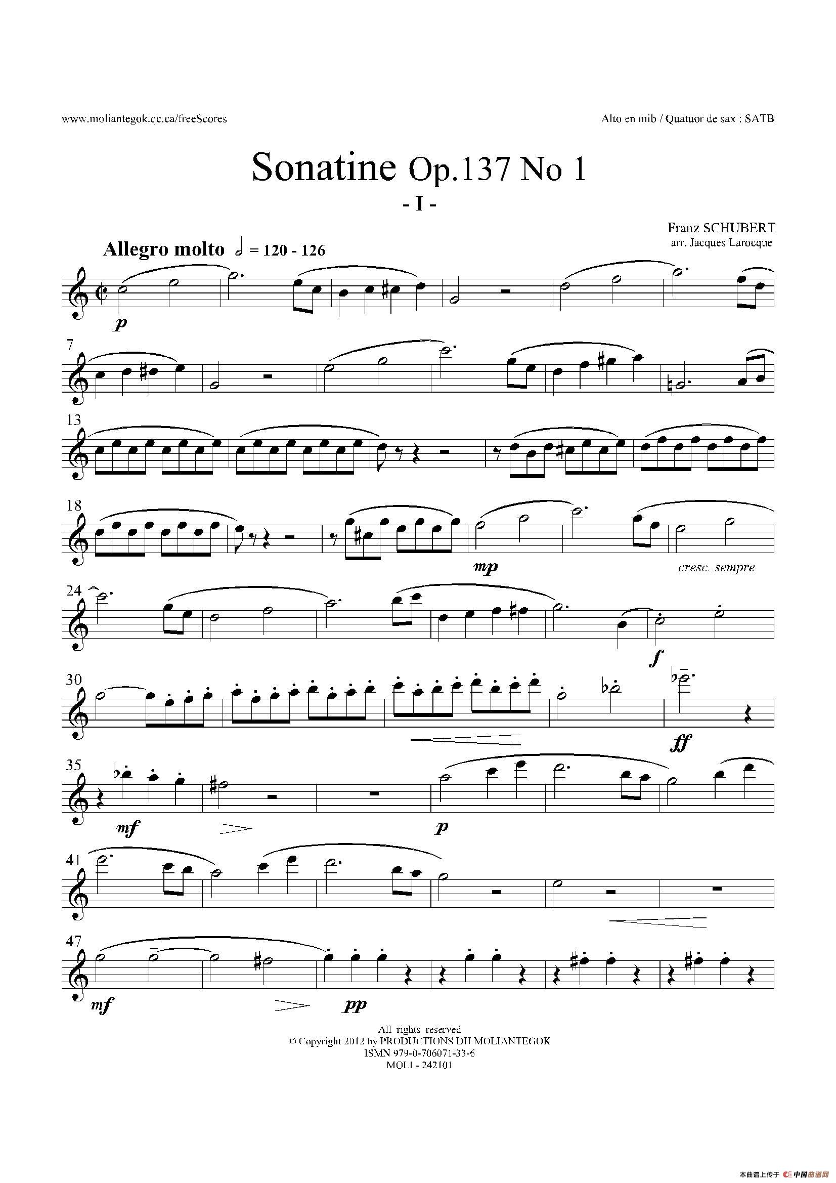 Sonatine Op.137 No 1（四重奏中音萨克斯分谱）