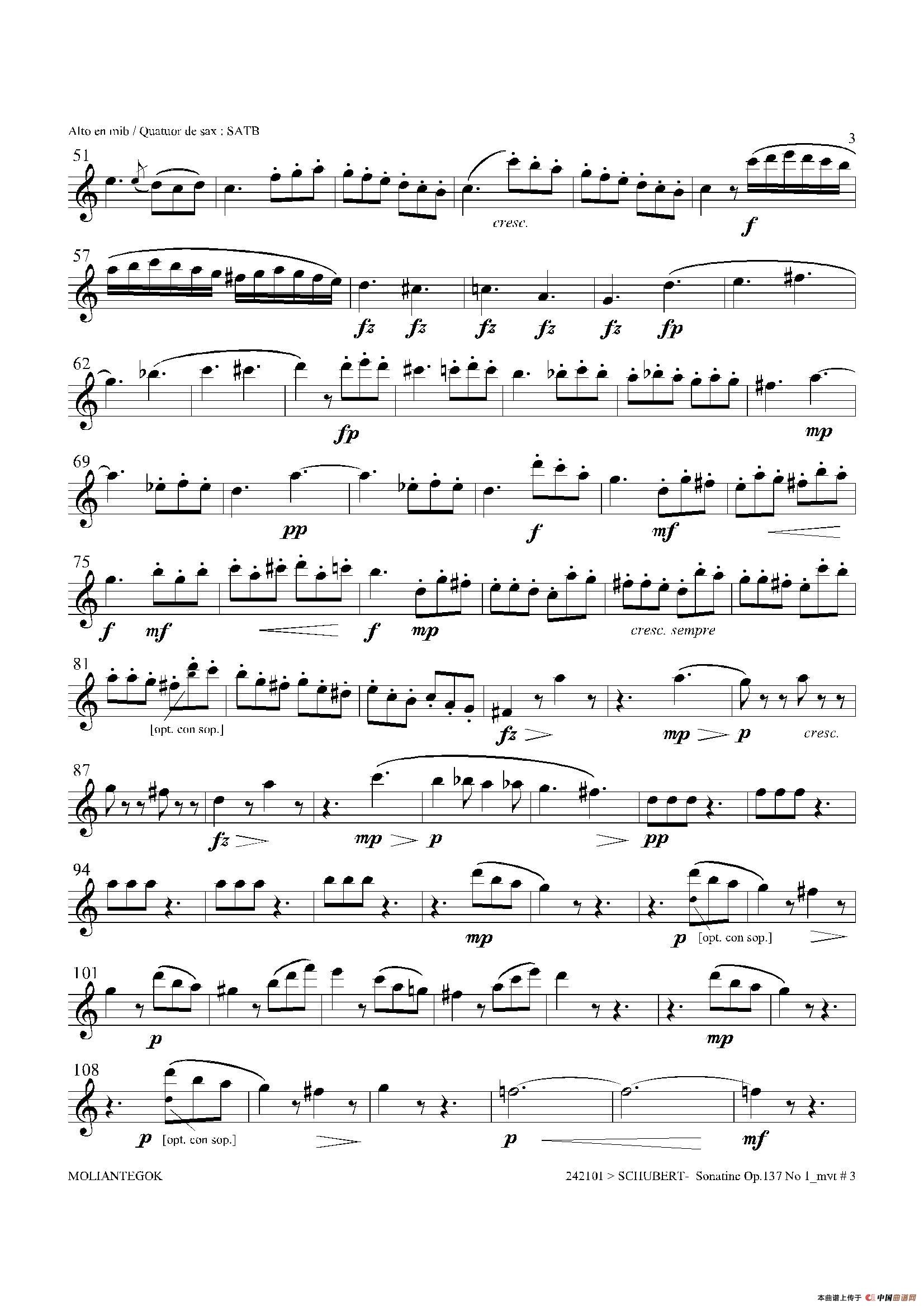 Sonatine Op.137 No 1（四重奏中音萨克斯分谱）