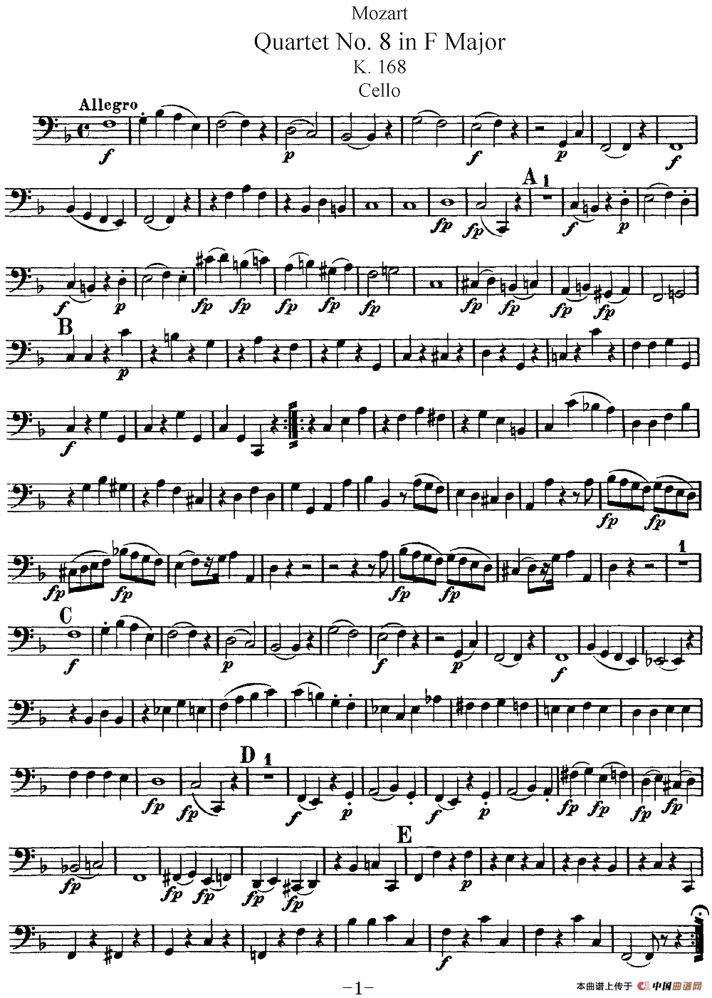 Mozart《Quartet No.8 in F Major,K.168》（Cello分谱）