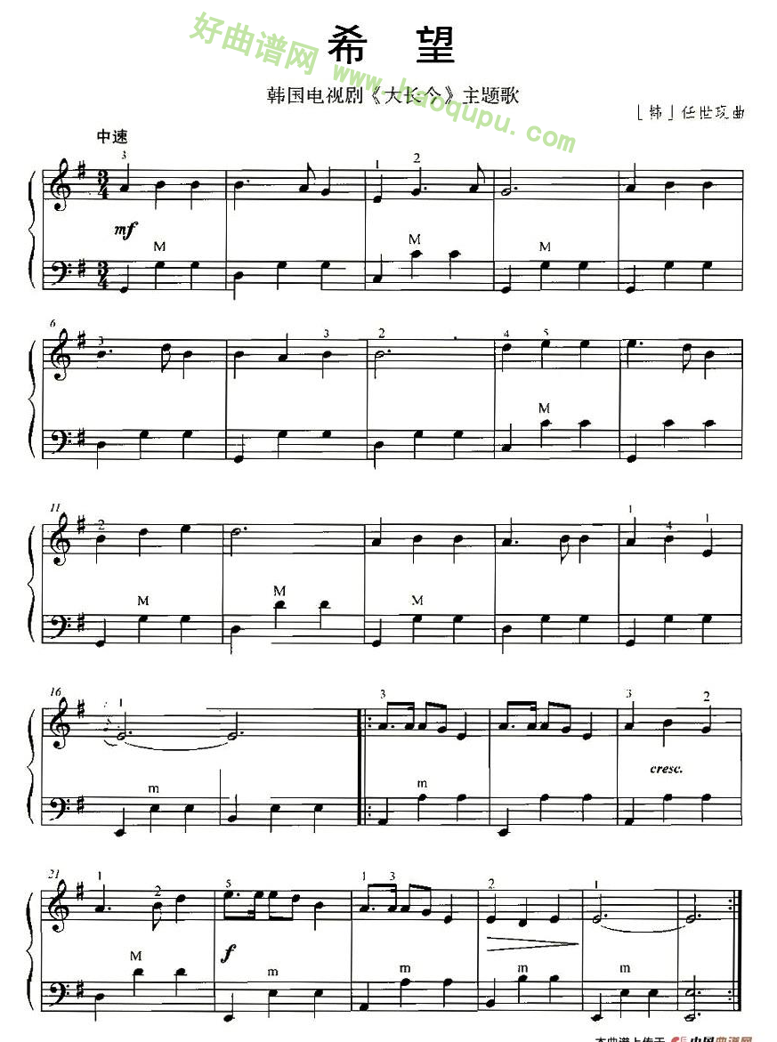 《希望》（《大长今》主题曲）手风琴曲谱