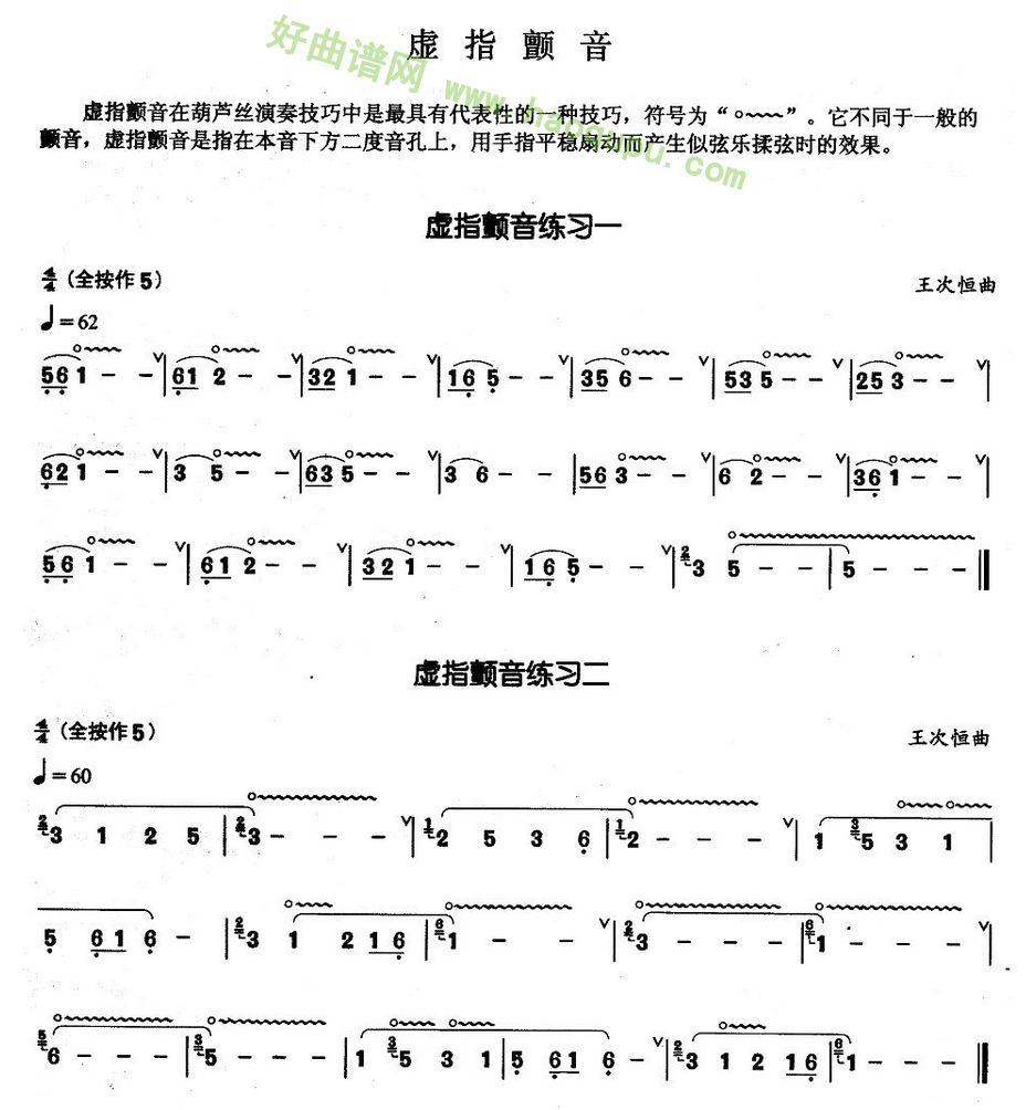 《葫芦丝技巧练习虚指颤音》 葫芦丝曲谱