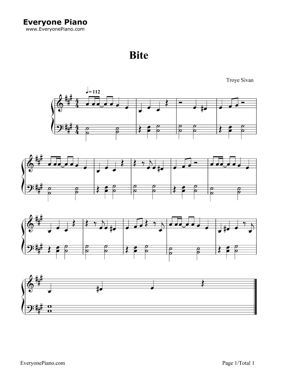 《Bite-Troye》（Sivan演唱） 钢琴谱