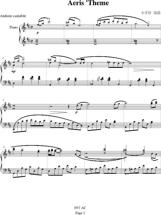 最终幻想 FF7 AC 爱丽丝的主题钢琴谱